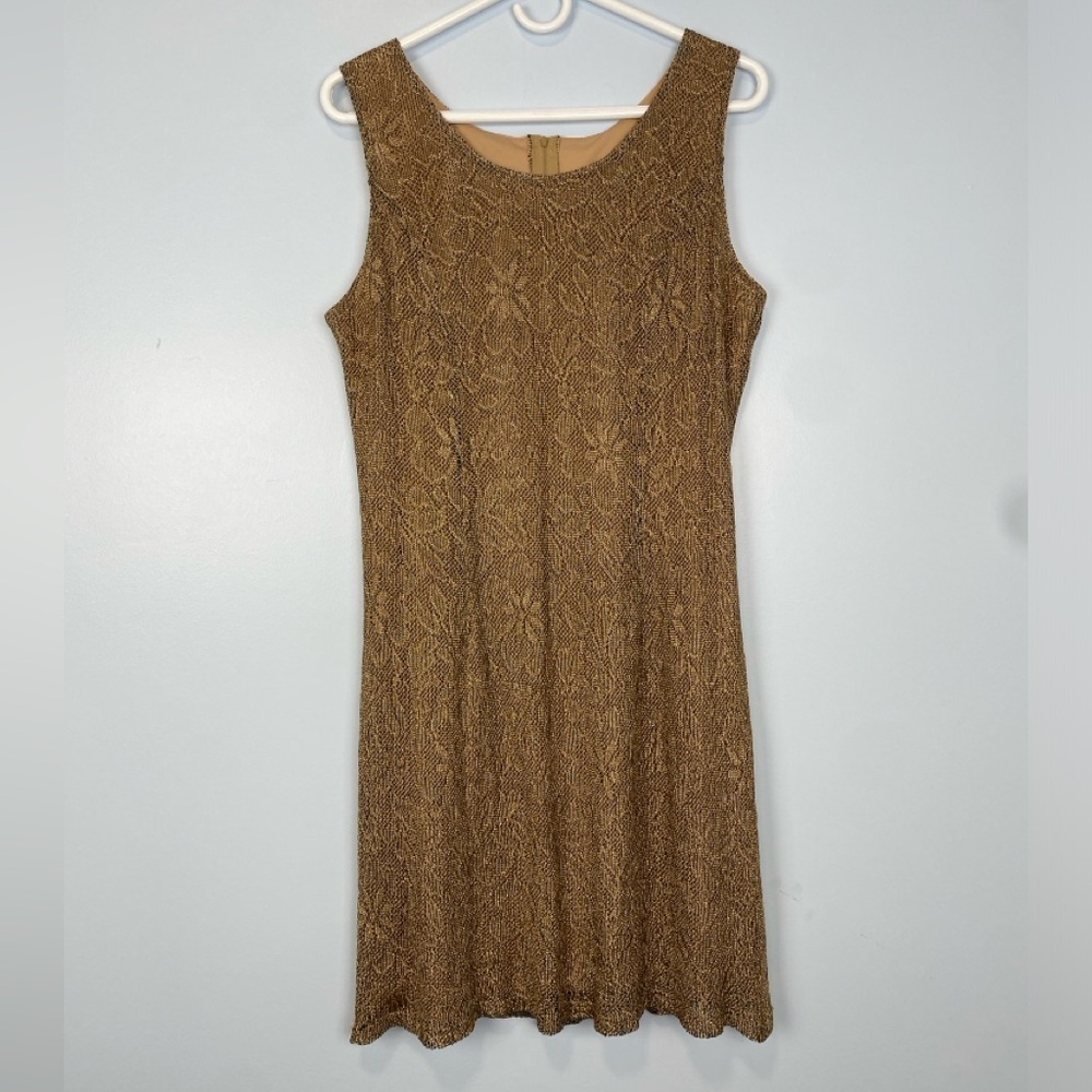 Vintage 80s Gold Bodycon XL Dress Crochet Metallic Knit Lace Cocktail Party Boho